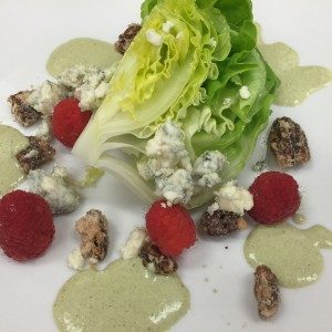 lettuce with roasted pecans, raspberries, cheese and dressing McGuinness