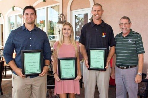 From left, Students of the Month of November William Holton and Haley Ponder and Educator of the Month Larry Shannon are congratulated by Greg Miller, coordinator of the Sertoma Club of Venice monthly event that honors the good work of students and teachers at Venice High School. [PHOTO PROVIDED BY PRION PHOTOGRAPHY]