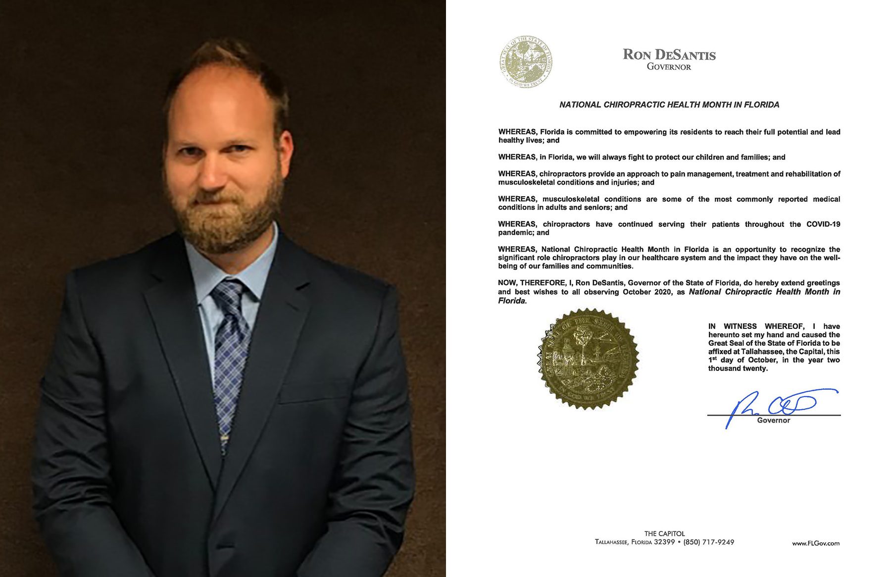 Keiser University College of Chiropractic Medicine Graduate Obtains Gubernatorial Proclamation