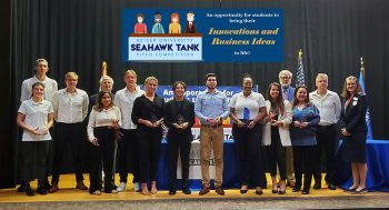 Left to right: Sophia Giourgitzou, Gunnar Poley, Christof Buehler, Daniela Zaldana, George Stamas, David Arhammar, Linnea Axengren, Michela Tjan, Adolfo Diaz, Nadine Turner-Crosdale (1st place), Claudia Gomez (2nd place), Dr. Gary Vonk, Danitza Sersen (3rd place), Dr. John Dobson, Dean Jennifer Peluso.