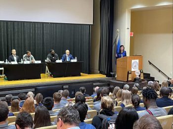 Belinda Keiser, Keiser University's Vice Chancellor of Community Relations and Student Advancement welcomes the crowd.