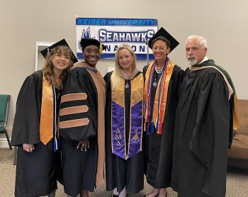 L-R Keiser University Pt. St. Lucie Campus Valedictorian Kaylene Arnold, Student Dean Cassandra Reed, President Leslie Kristof,  and Student Ambassador Pauline Forshee with KU Senior Vice Chancellor Joseph Berardinelli