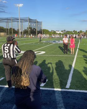 Ku Football Breast Cancer Awareness Football Mom Robin Age Left And Shannon Burrows Of Promise Fund Of Florida Were Recognized As Honorary Team Captains - Breast Cancer Awareness: Seahawk Football Players Recognize Breast Cancer Survivors As Honorary Team Captains - Keiser University Flagship