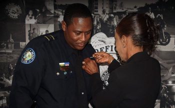 Darrell Hunter City Of Delray Beach Assistant Police Chief Is Pinned By His Mother Patricia White Williams When Sworn In As Lieutenant - Rising Leader In Law Enforcement Dedicates Keiser University Choice Award Honor To Values Instilled By His Mother And Grandmother - Community News