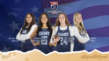 KU Flag Football Players Brenna Ramirez, Brianna Hernandez-Silva, Kennedy Foster and Ashlea Klam