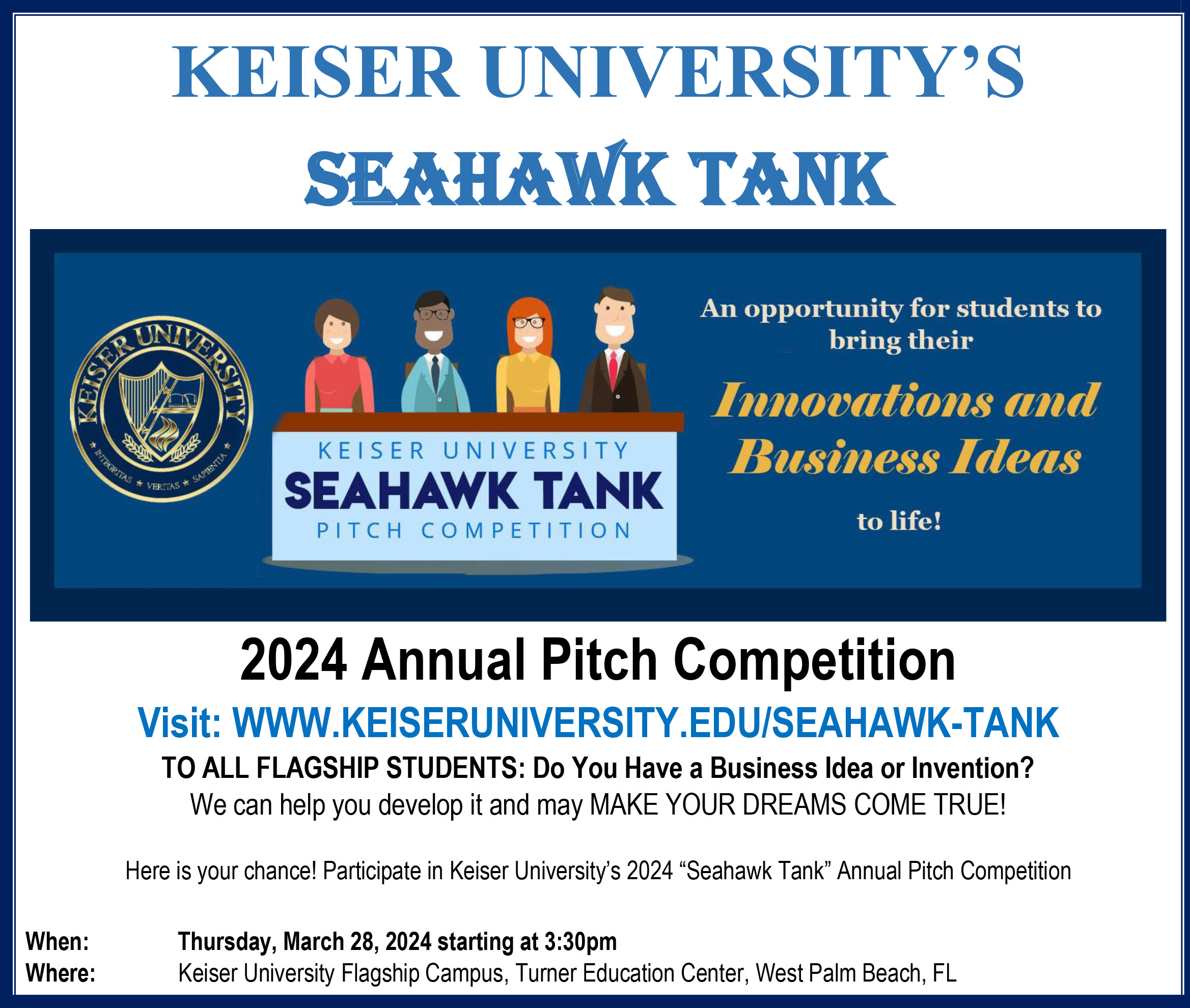 Keiser University 2024 Pitch Contest - Keiser University Seahawk Tank Pitch Contest