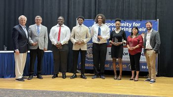 Professors George Stamas And Jonathan Massey Far Right And Left With Student Participants Left To Right Benny Quintana Robert Lane Justin Kelly Joshua Katz Monique Farmer And Gabriela Sandifer - Keiser University’s Pitch Contest Encourages Innovation - Academics