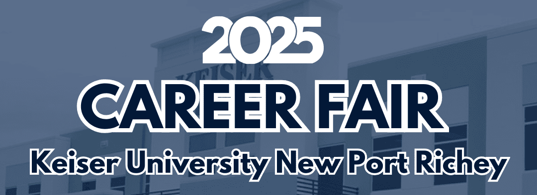 Keiser University 2025 Career Fair flyer featuring event date, time, and location details for New Port Richey campus.