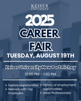 Keiser University 2025 Career Fair flyer featuring event date, time, and location details for New Port Richey campus.
