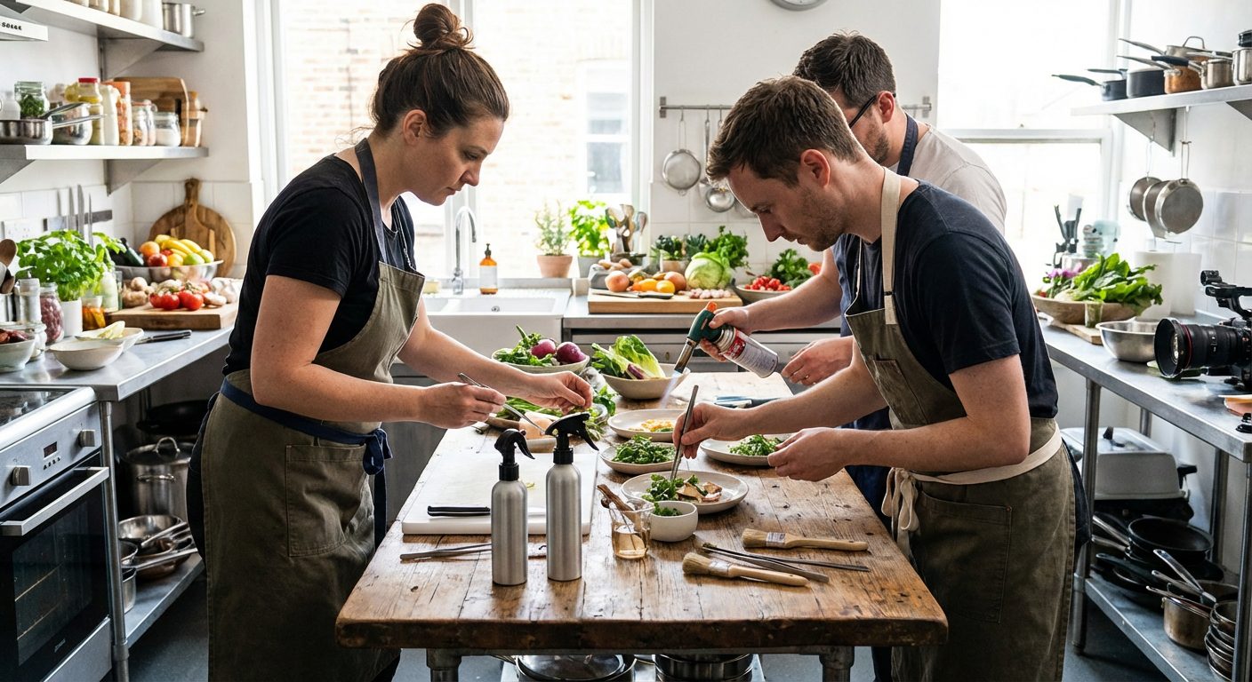 Three professional food stylists in aprons preparing and plating gourmet dishes in a modern kitchen studio, with one stylist using a culinary torch.