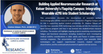 Andrew Gibson PhD infographic and poster featuring academic profile and Keiser University program information.