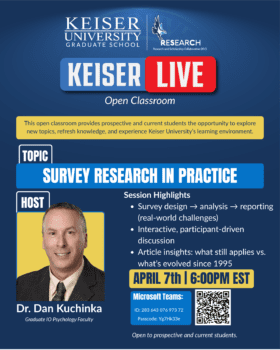 Keiser Live promotional infographic poster highlighting virtual classroom or live academic session participation.