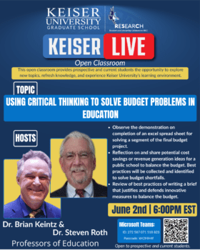 Keiser Live poster featuring Dr. Brian Keintz and Dr. Steven Roth on using critical thinking to address education budget issues.