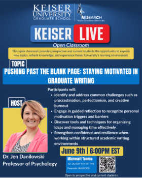 Poster for Dr. Jen Danilowski's talk on graduate writing motivation, titled "Pushing Past the Blank Page."