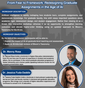 Workshop poster featuring Dr. Manny Rosa and Dr. Jessica Fuda-Daddio on redesigning graduate assignments with AI frameworks.