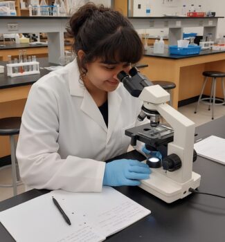 Tamara Lynn Miller examines a specimen through a microscope during a laboratory session as a Biomedical Science student at Keiser University Miami.