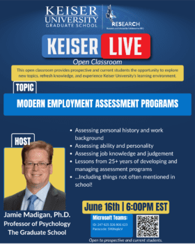 Keiser Live promotional image with Jamie Madigan, PhD, presenting on Modern Employment Assessment Programs.
