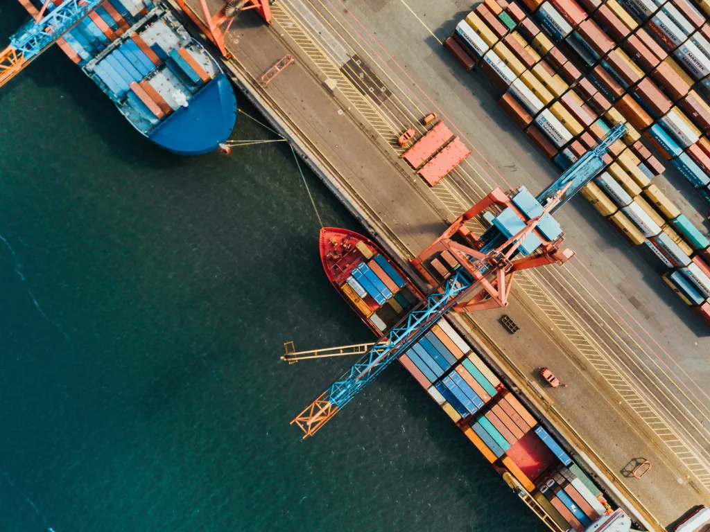 Aerial view of shipping containers in a port