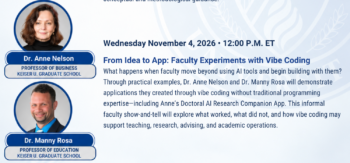Keiser University Graduate School Fall 2026 TLC Sessions featuring faculty presentations on AI-enhanced doctoral supervision, vibe coding, and substantive student feedback.